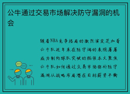 公牛通过交易市场解决防守漏洞的机会