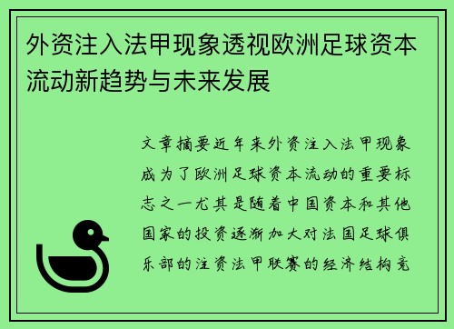 外资注入法甲现象透视欧洲足球资本流动新趋势与未来发展