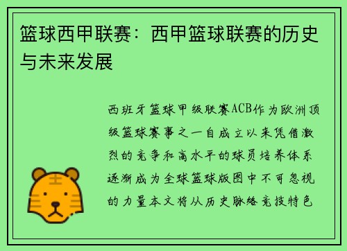 篮球西甲联赛：西甲篮球联赛的历史与未来发展