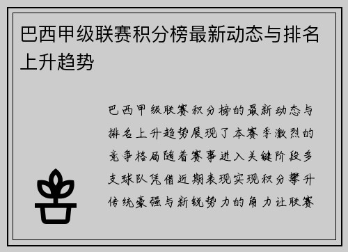 巴西甲级联赛积分榜最新动态与排名上升趋势