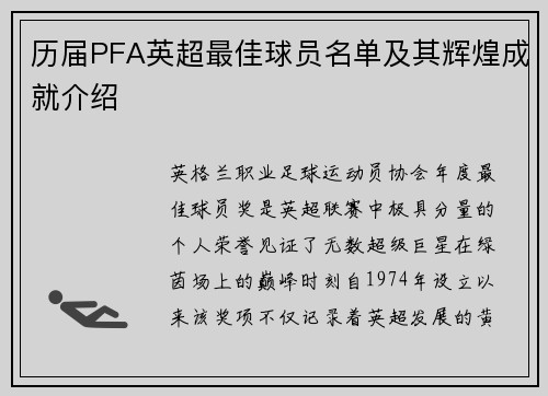 历届PFA英超最佳球员名单及其辉煌成就介绍