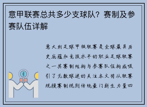 意甲联赛总共多少支球队？赛制及参赛队伍详解
